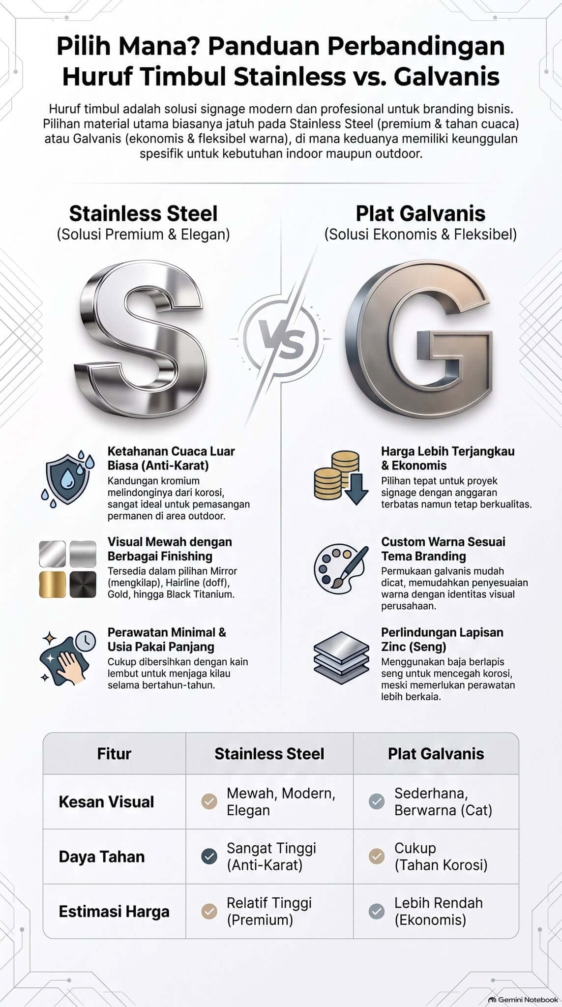 Huruf Timbul Stainless vs Galvanis